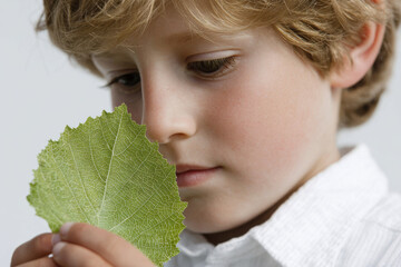 young naturalist examining texture of leaf with thoughtful expression face slightly tilted towards lens