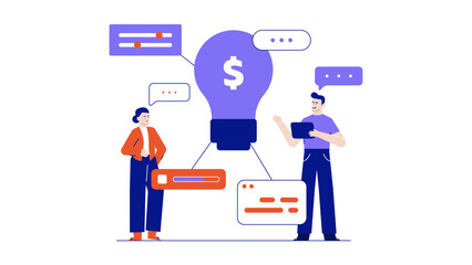 Two people brainstorm a profitable idea using charts and a dollar sign lightbulb. Suitable for business and financial concepts. C