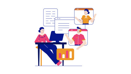 Woman video conferencing, reviewing data with colleagues. Suitable for remote work, business, virtual meetings, technology, teamwork, and communication concepts.