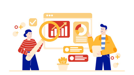 Two people analyzing business graphs on a website. Suitable for presentations, reports, financial blogs, data analysis concepts, business websites.