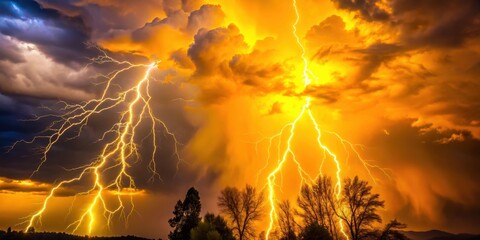 Vibrant yellow orange lightning strikes illuminating a darkened sky with swirling clouds and illuminated tree branches