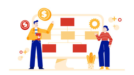 Two people discussing financial project plans, suitable for financial, consulting, business, teamwork concepts in presentations, articles, or marketing materials.