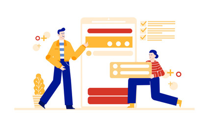 Two individuals interact with a large mobile app interface. Suitable for technology, communication, teamwork, and digital innovation concepts.