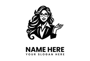 Stylish businesswoman logo; elegant woman with glasses, long hair, presenting.