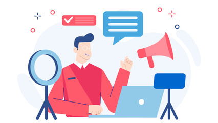 Man livestreaming using a laptop and a microphone, suitable for technology blogs, social media concepts, modern work environments, and virtual events.