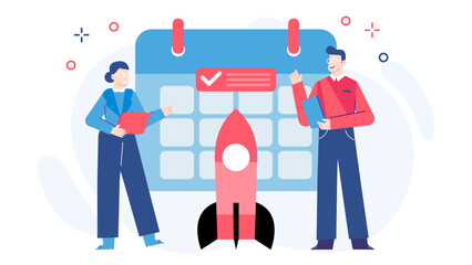 Two people plan a rocket launch using a calendar. Suitable for science and technology themed projects and educational materials about space exploration.