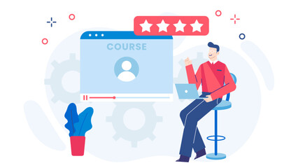 Man taking a five star online course, suitable for eLearning websites, educational blogs, business presentations, digital marketing campaigns, and online tutorials.