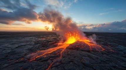 Aerial View Of Erupting Volcano With Flowing Lava And Sunset Sky In A Dramatic Landscape