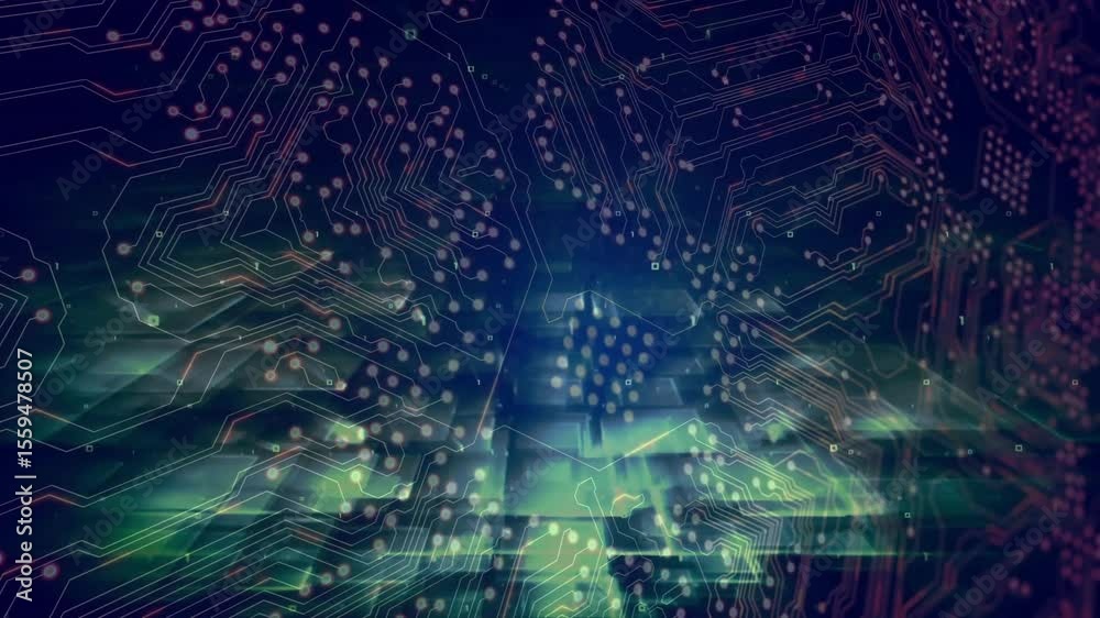 Poster on display opening pcb overlay static then neon green streaks flowing pulsing visualizing data flow