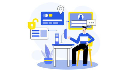 Man securely banking online at desk. Suitable for finance, internet security, digital banking, online transactions, and personal finance concepts.
