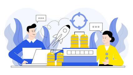 Two colleagues talk about rocket and recycling project. Suitable for space industry, environmental initiatives, teamwork, brainstorming concept designs.