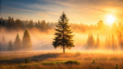 Obraz premium Morning mist surrounds a lone coniferous tree as sunrise illuminates the foggy forest