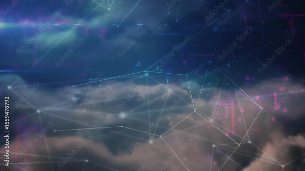 Poster cloud bank drifting triggers white nodes emerging and linking into pulsing mesh visualizing network