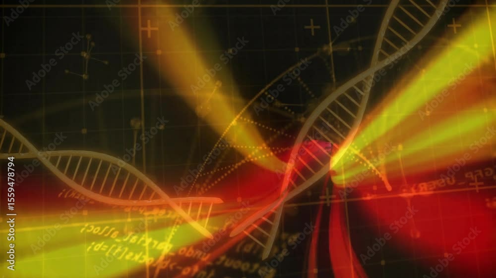Poster beam crossing initiating abstract dna helices materializing and rotating to visualize data dynamics