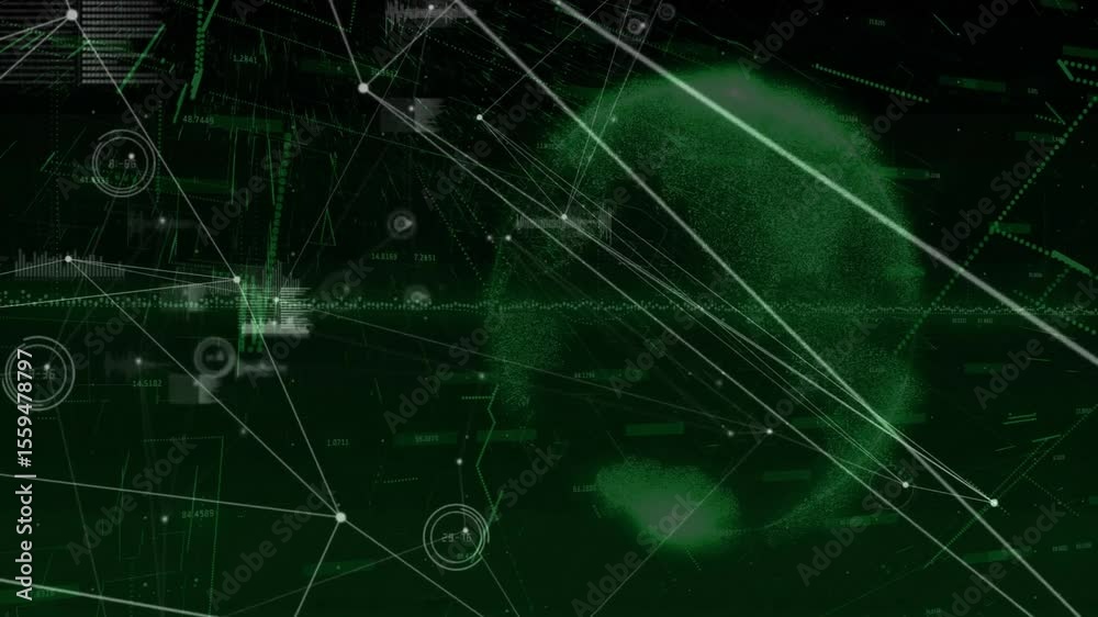 Poster on data startup branching white lines forming network while green sphere rotating showing data flow