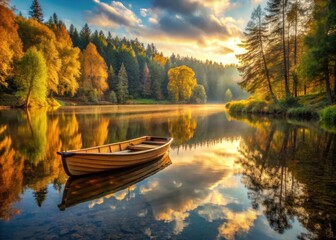 Obraz premium A serene autumn lake with a wooden boat surrounded by tall trees and lush greenery