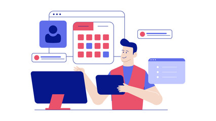 Man using a computer and calendar app, perfect for technology blogs, webinars, and digital productivity concepts in marketing materials.