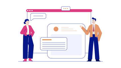 Two colleagues presenting a digital design on a large screen. Suitable for business presentations, technology concepts, teamwork visuals, and office settings.