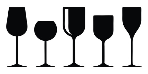 Wine glass silhouettes collection, wine glass icon vector set, glasses silhouettes
