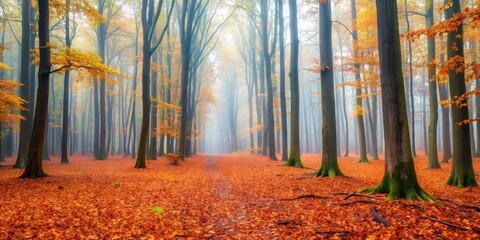 Foggy autumn morning in the beech forest