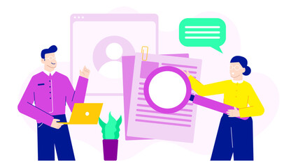 Two people reviewing documents with magnifying glass and laptop. Suitable for legal, research, analysis, teamwork, business, collaboration concepts.