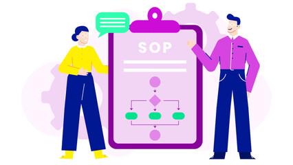 Two people discussing an SOP flowchart. Ideal for business presentations, manuals, training materials on standard operating procedures in a team.