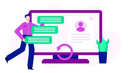 Man reviewing online profile and messages, suitable for social media marketing or networking concept designs as illustrations or banners.