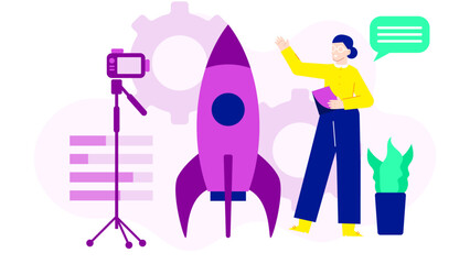 Woman presenting a rocket launch via video, perfect for technology presentations, science blogs, and educational materials on space exploration.