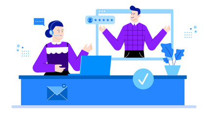 Online customer service agent receiving a five star review. Perfect for websites, blogs, social media posts, customer service related content.