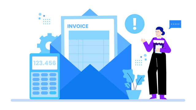 Woman reviewing a digital invoice, suitable for finance, accounting, business, and technology concepts in presentations, reports, and websites.