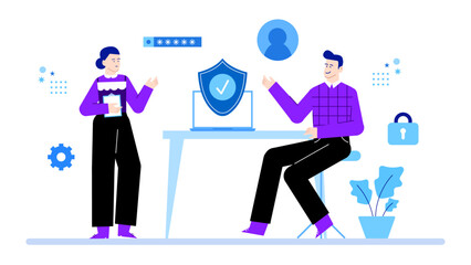 Two people discussing online security with laptop and password shown. Suitable for cybersecurity concepts, technology articles, and internet safety infographics.