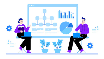 Two people analyzing data on a large screen. Suitable for business presentations, team collaboration, data analysis, and technology concepts.