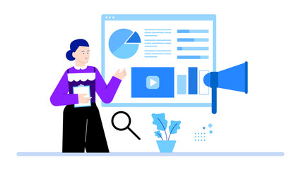 Woman holds a megaphone and gesture to marketing charts next to a plant. Suitable for presentations, marketing materials, business concepts.