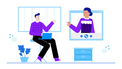 Man videocalls woman with laptop. Suitable for remote work, virtual meetings, technology, communication, online dating, distance relationships, and video conferencing.