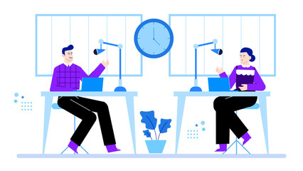 Two podcasters recording content at their desks with microphones. Perfect for podcasting, broadcasting, radio, audio content creation concepts.