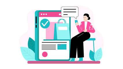 Woman shopping online on phone beside large tablet. Suitable for technology, ecommerce, digital marketing, online shopping, retail concepts.