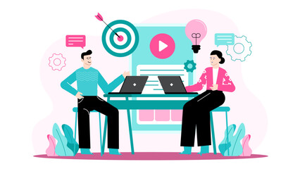 Two colleagues collaborating with laptops, working towards business goals. Ideal for illustrating teamwork, success, office environment, and technology.