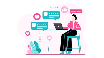Woman checking positive online reviews on laptop, perfect for illustrating customer satisfaction, online shopping, ecommerce, technology, and consumer behavior.