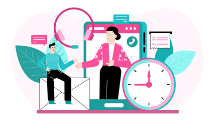 Virtual meeting with clock emphasizes time management. Perfect for business presentations, productivity articles, virtual event promotions, and scheduling websites.