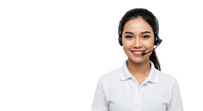 Smiling customer service representative wearing a headset in a bright setting