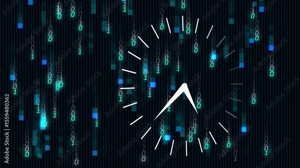 Poster falling binary digits starting clock outline appearing, face forming, drifting marking time passage