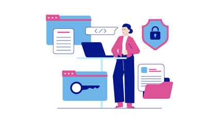 Woman coding with online security. Suitable for technology and cybersecurity concepts. Female programmer typing on keyboard with digital security background.