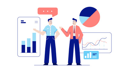 Two businessmen analyzing data in illustrations. Perfect for business presentations, financial reports, articles, infographics, and corporate marketing materials.