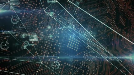 Blue glow rising center causing shapes icons pulsing showing circuit board data flow - Powered by Adobe