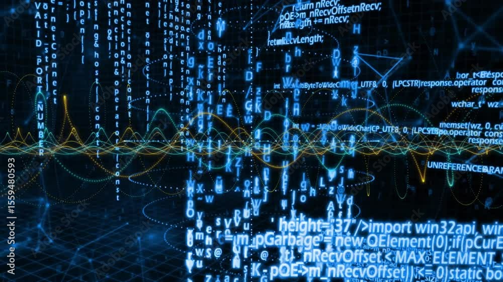 Poster grid extending toward depth initiating sine oscillating and code cascading for data visualization