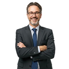 Confident businessman in a suit smiling with arms crossed against a white background