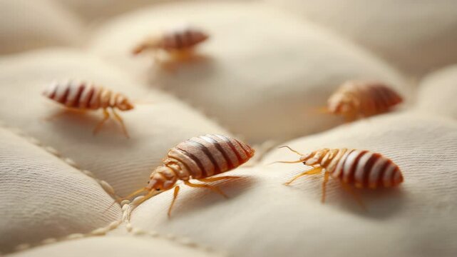 Close-Up of Bed Bugs on Mattress Surface Highlighting Infestation and Texture