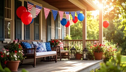 A decorated porch with patriotic bunting and balloons, ready for a celebration.