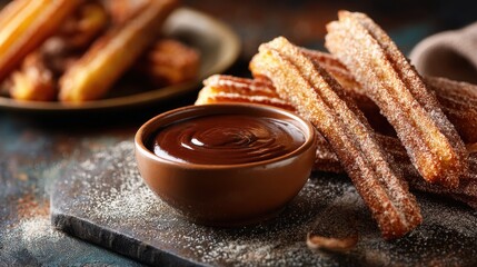 Delicious churros with chocolate sauce on a dark rustic background with a plate of churros in the background and dusted sugar powder for breakfast snack or dessert