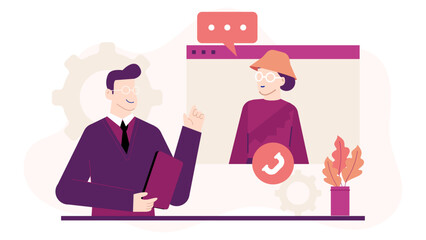 Man video calls woman in hat on computer, great for illustrating online communication, virtual meetings, long-distance relationships, and technology use.